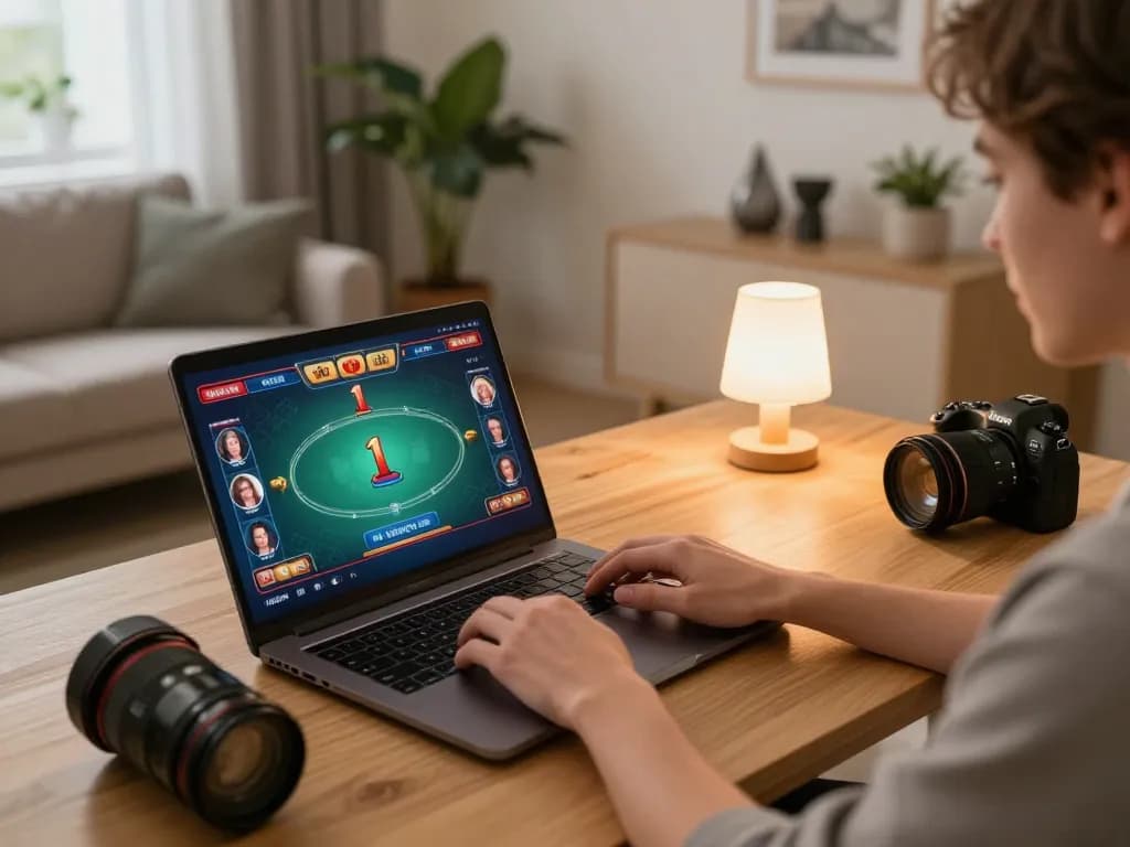 78win online gaming experience at home, with player engaged in poker strategy on laptop, cozy atmosphere