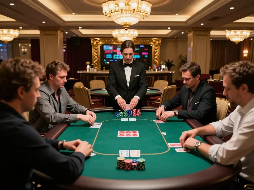 Engaged players betting at bet88 poker table with dealer shuffling cards in luxury casino.