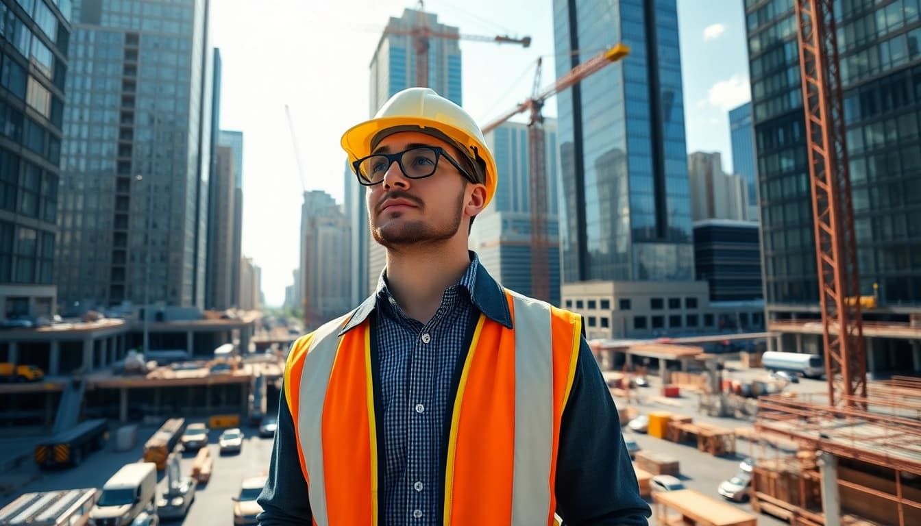 New York Construction Manager directing a busy construction site with cranes and workers.