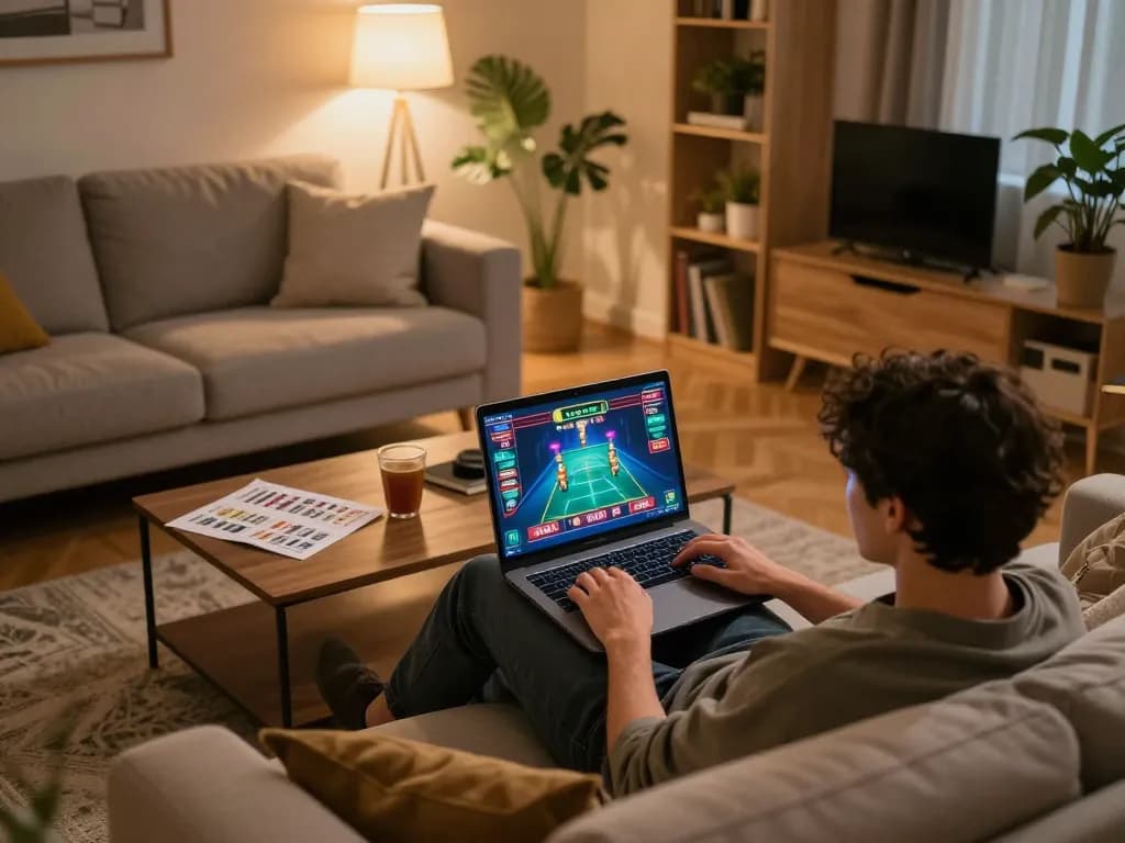 Person enjoying 23Win online casino gaming on a laptop in a cozy living room