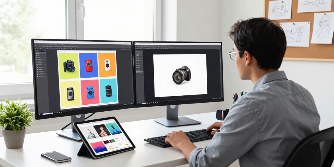 Using rmbg.pro's AI background removal tool in a modern e-commerce workspace with vibrant product images.