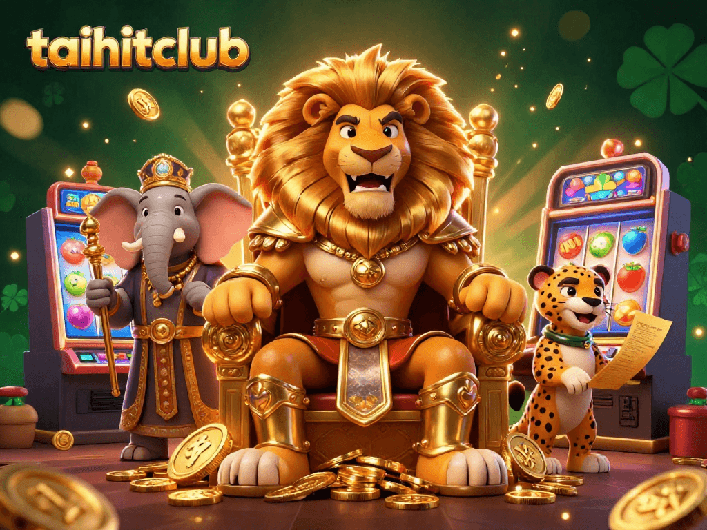 Play with excitement at taihitclub's vibrant casino featuring a lion king, elephant advisor, and dynamic slot machines.