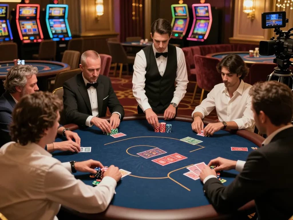 VIPwin players engaging at an upscale poker table in a luxurious casino setting.