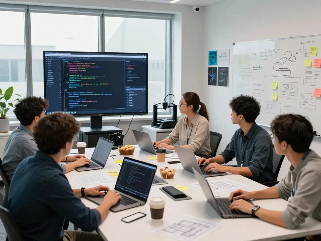 Developers collaborating on hbet software projects in a modern lab environment with teamwork and creativity.