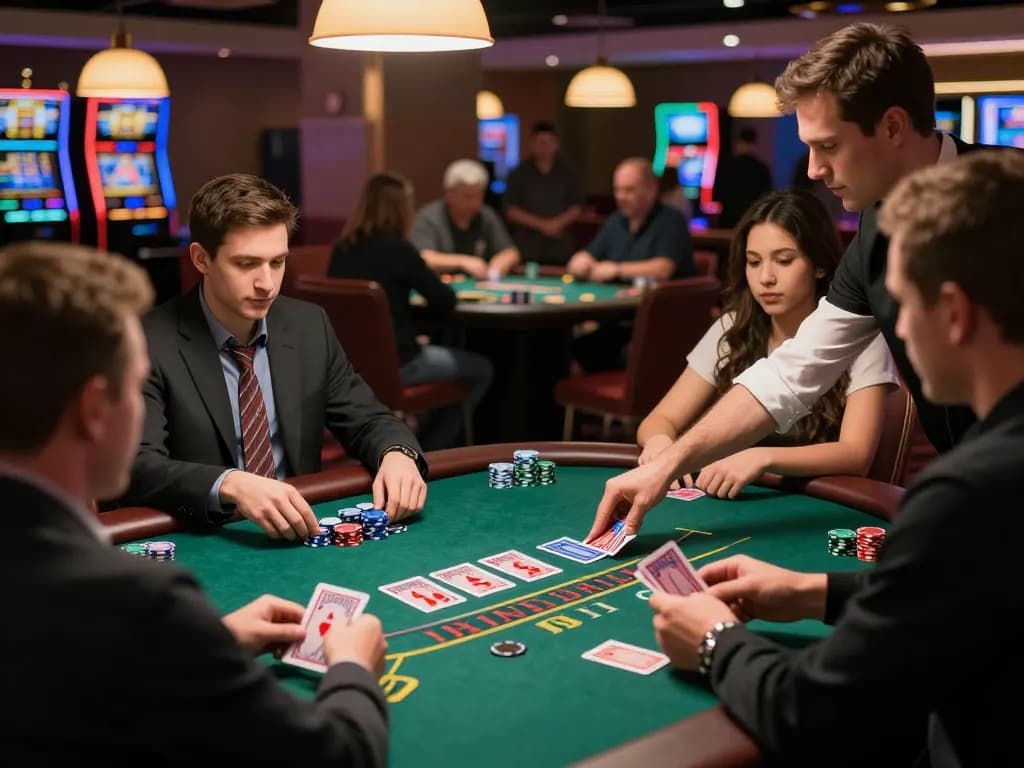 Players engaged in an intense MB66 blackjack game at a lively casino table.