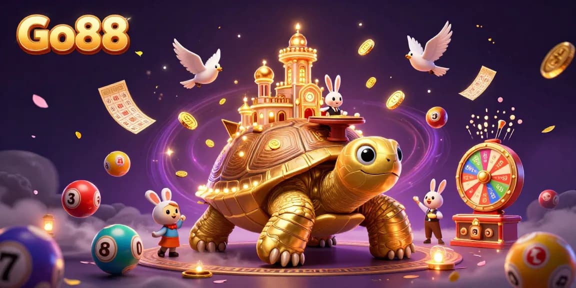 Experience Go88 gaming thrills with a golden tortoise casino scene, vibrant game elements, and a dealer.