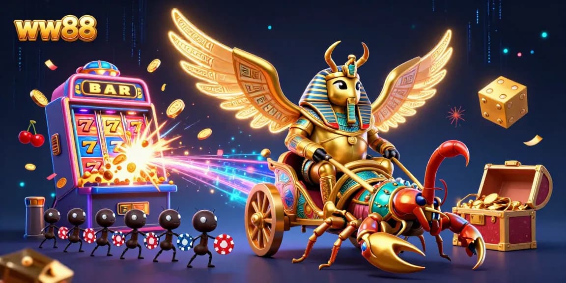 Engage in thrilling gameplay at ww88 featuring a colossal golden scarab and dynamic casino elements.