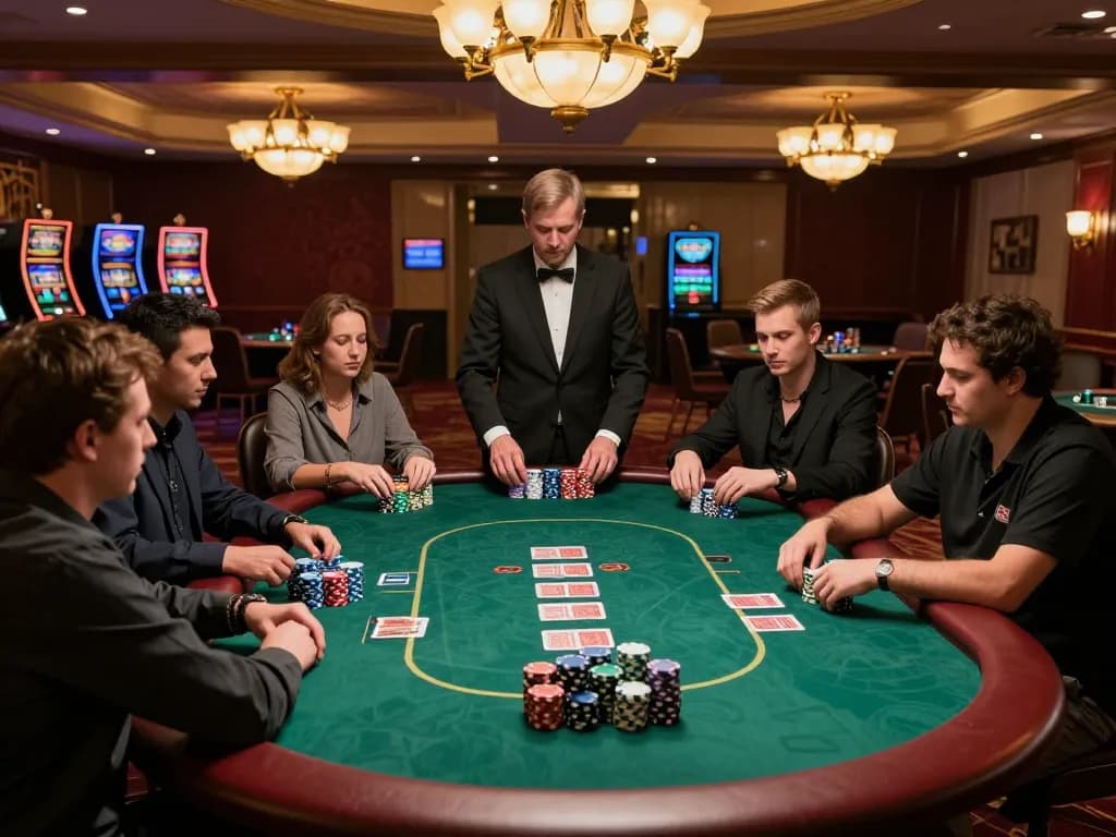 Players strategizing their next moves in a thrilling 789win poker game at an upscale casino.
