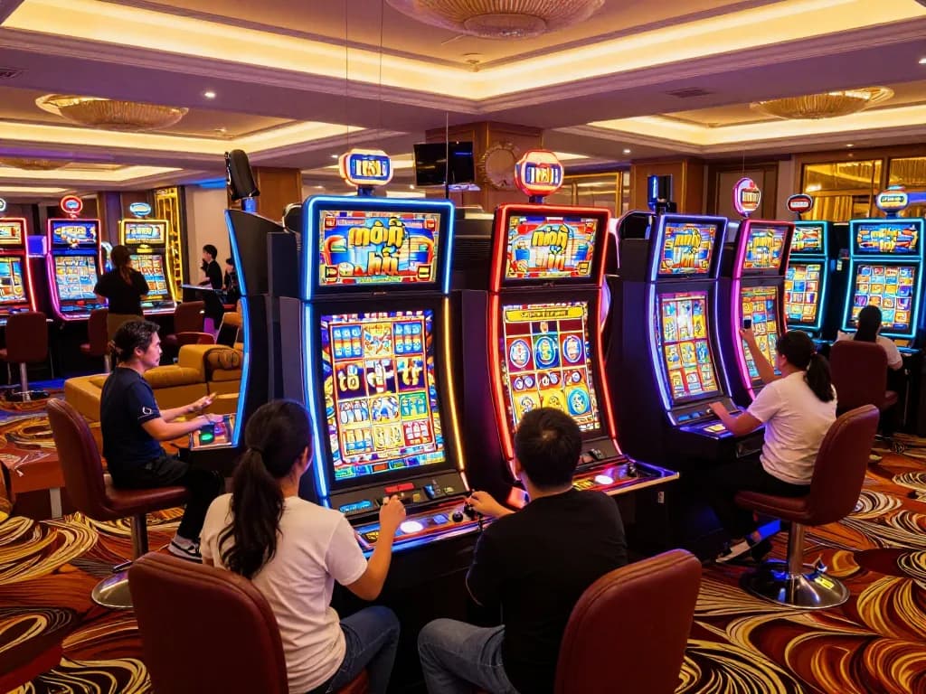 Players celebrating big wins at nổ hũ slot machines in a lively casino environment