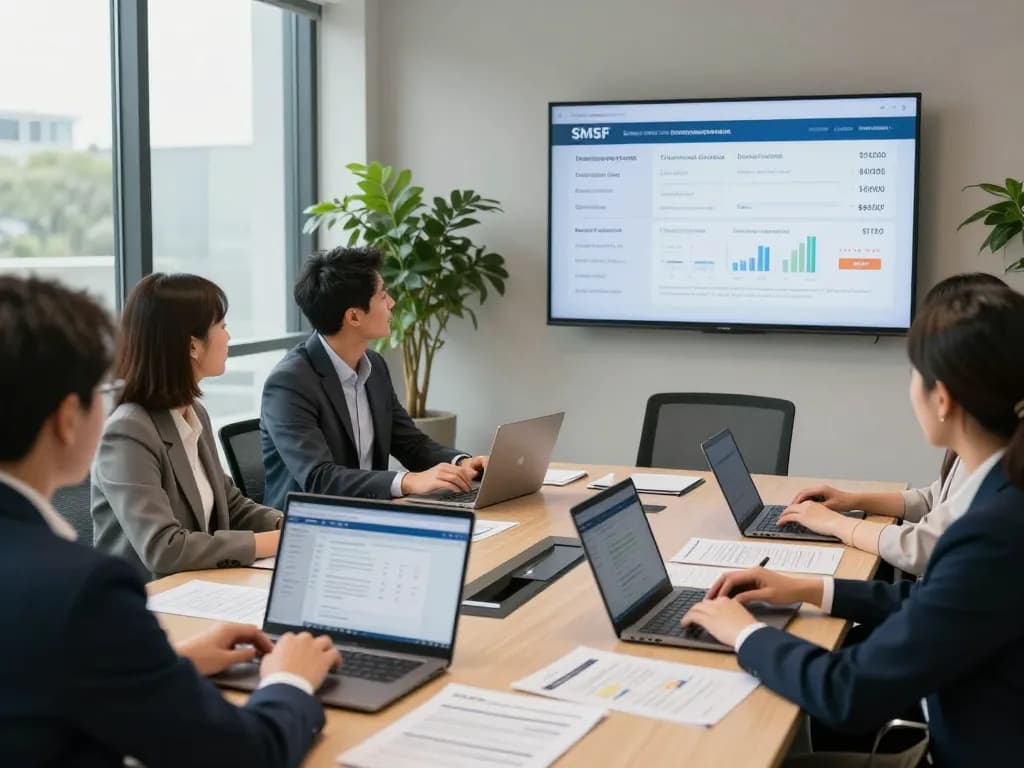 SMSF Accountants collaborating in a professional office, showcasing transparent service and expert financial solutions.