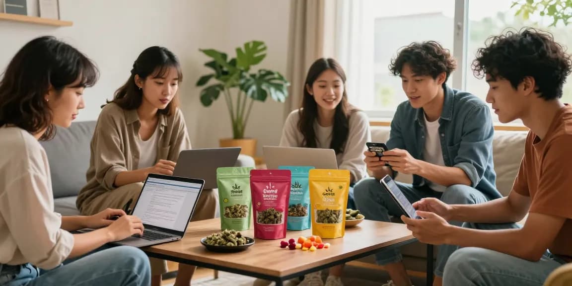 Explore high-quality cannabis products at https://greatcanadianbuds.com in a friendly online shopping environment with diverse young adults engaging.