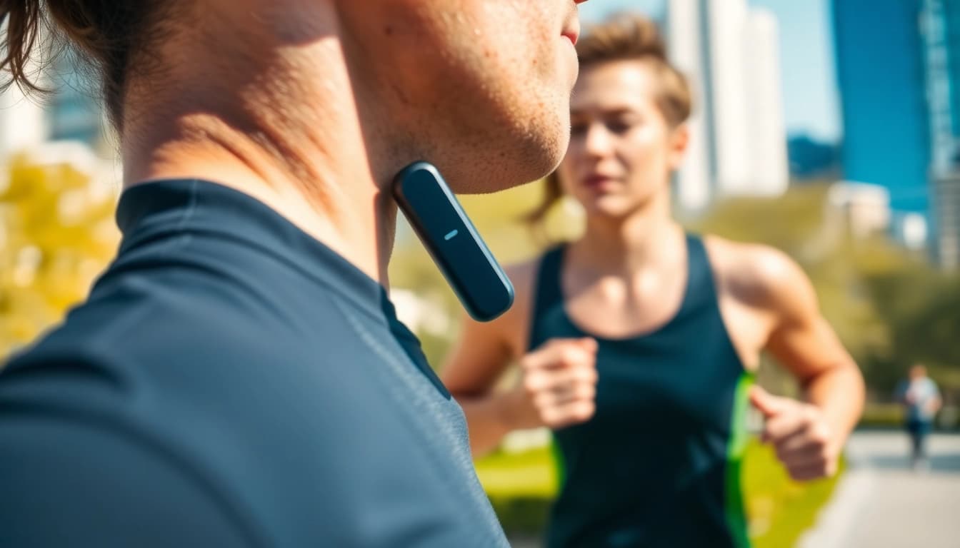 Active individual enjoying music with F1 Bone Conduction Headphones in a city park.