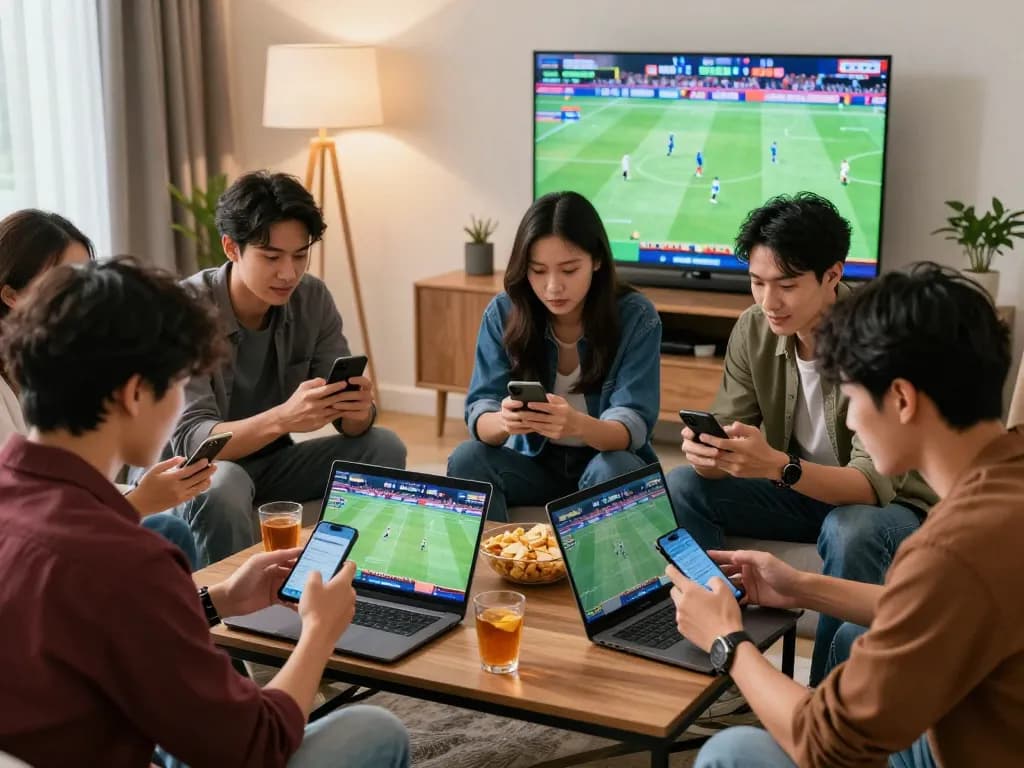 Kèo nhà cái active scene showing friends engaging in sports betting using smartphones in a lively living room.