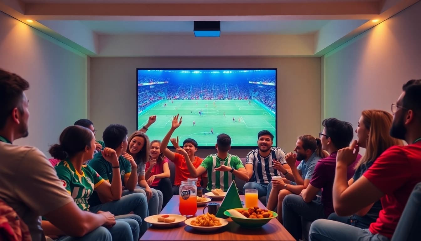 Xem Bóng Socolive: Enthusiastic fans enjoying a live football match experience in a cozy setting