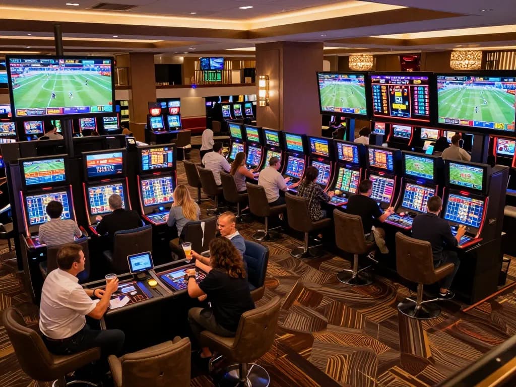 Engaging scene of sports enthusiasts analyzing keo nha cai in a lively casino lounge