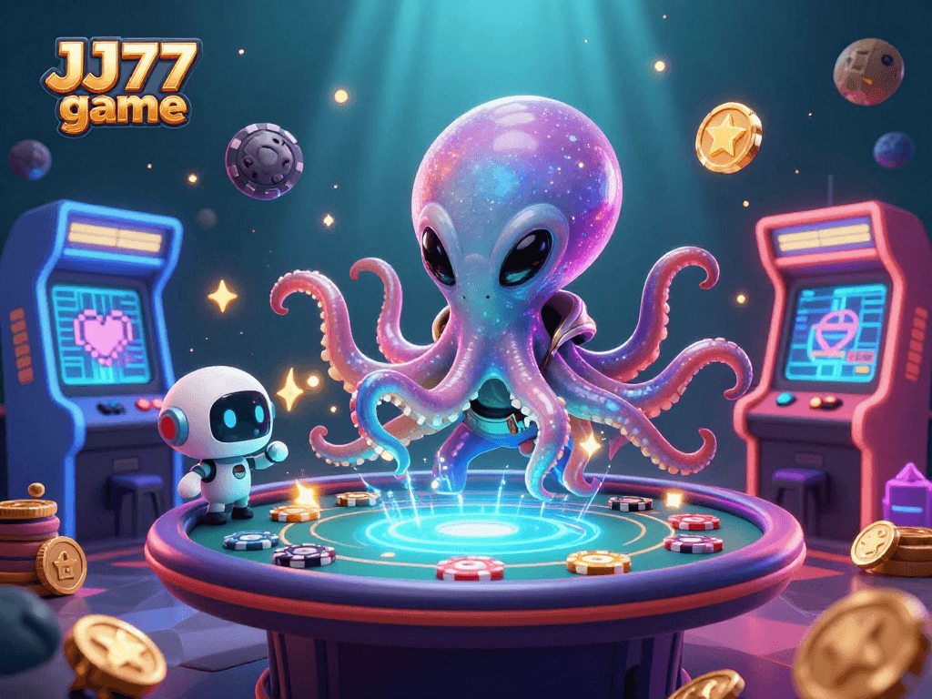 Engage with the JJ77 game as a cartoon octopus deals cards at a virtual poker table, surrounded by vibrant gaming elements.