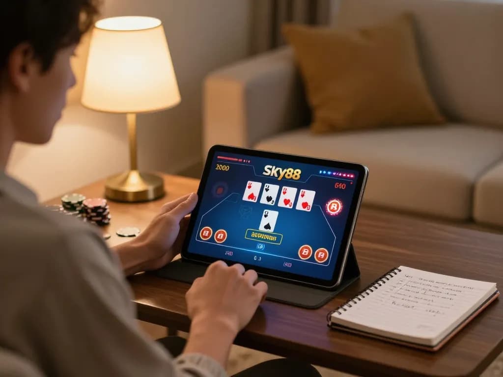 Engaging with Sky88 poker on a tablet in a cozy home setting.