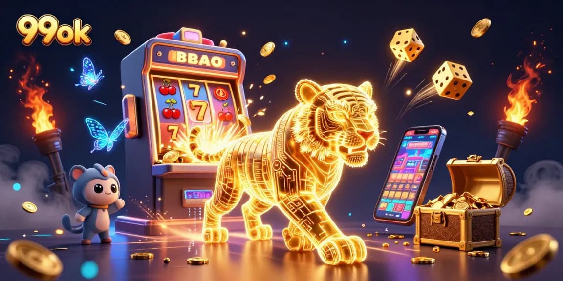 Engage with 99ok's vibrant digital casino illustration featuring a golden tiger and thrilling game elements.