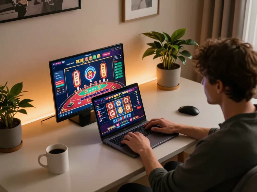 Engaging in online casino gameplay with tg88 mba platform on a laptop, showcasing a vibrant gaming experience