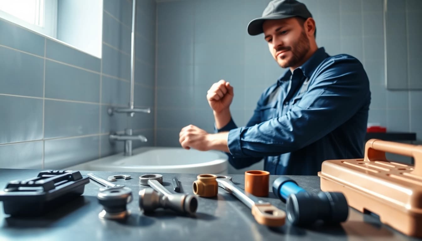 Find a Plumber near me adjusting pipes in a bright modern bathroom setting.