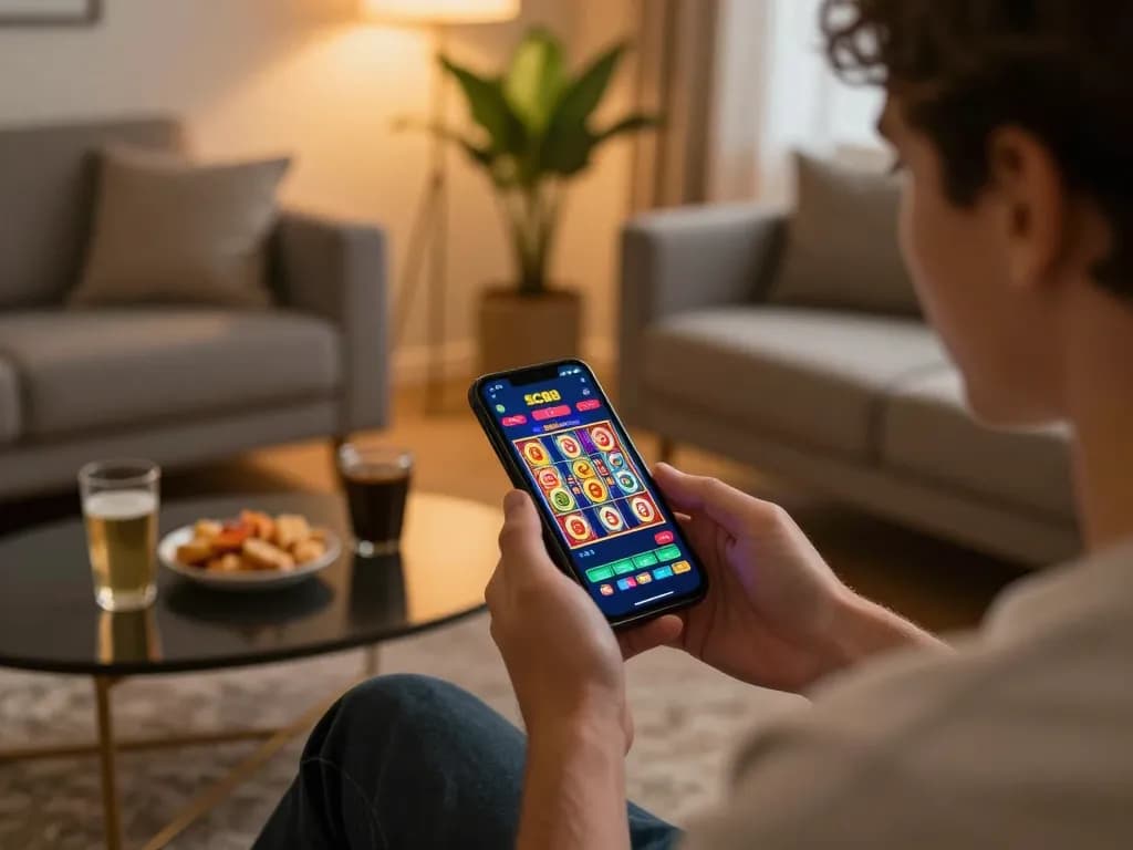 Player enjoying the SC88 app on smartphone in a cozy home setting, engaged in online slot gaming.