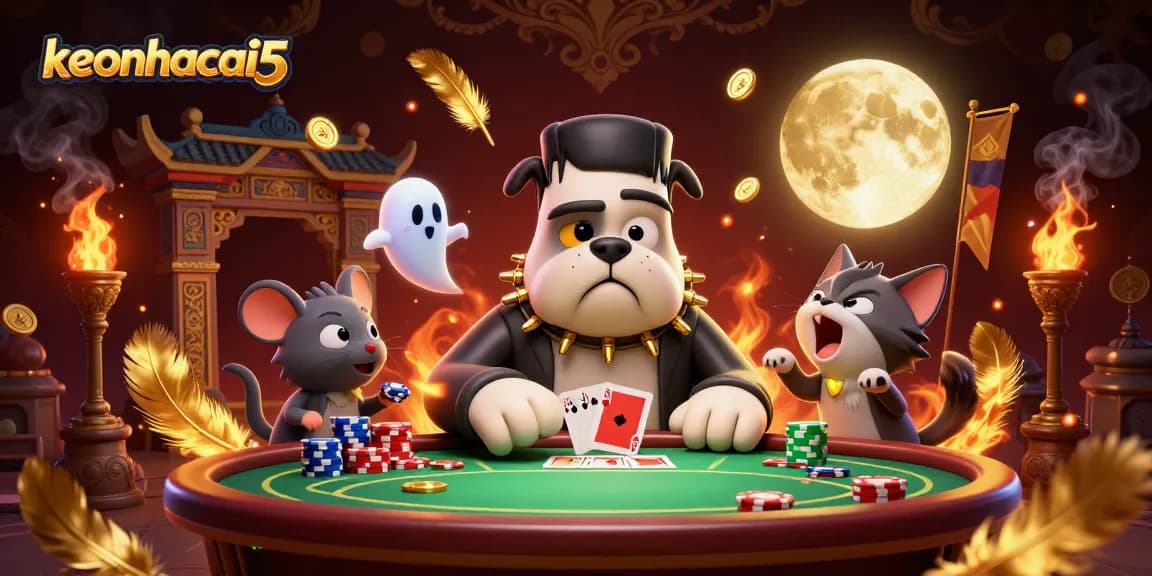 Engaging illustration of keonhacai5 featuring a Frankenstein bulldog dealer with a royal flush in vibrant casino atmosphere.