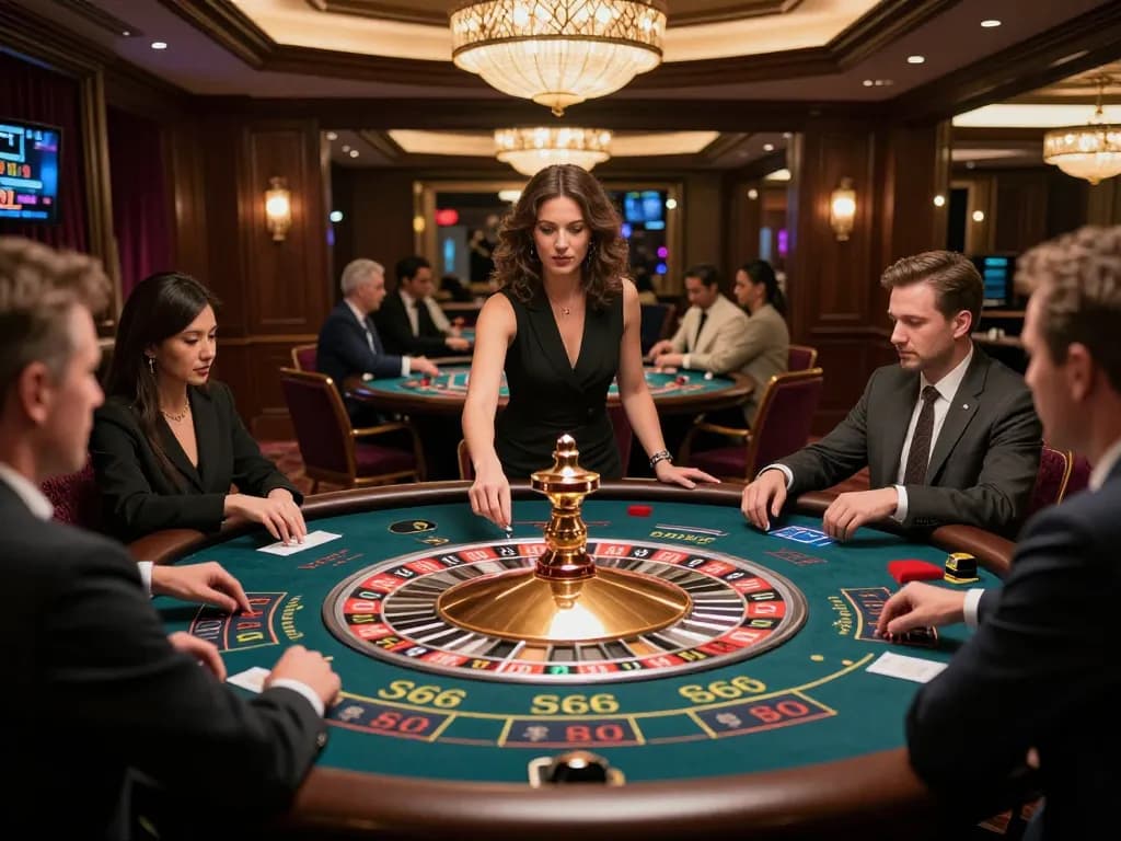 S666 players placing bets at an elegant roulette table in a luxurious casino environment with rich decor.