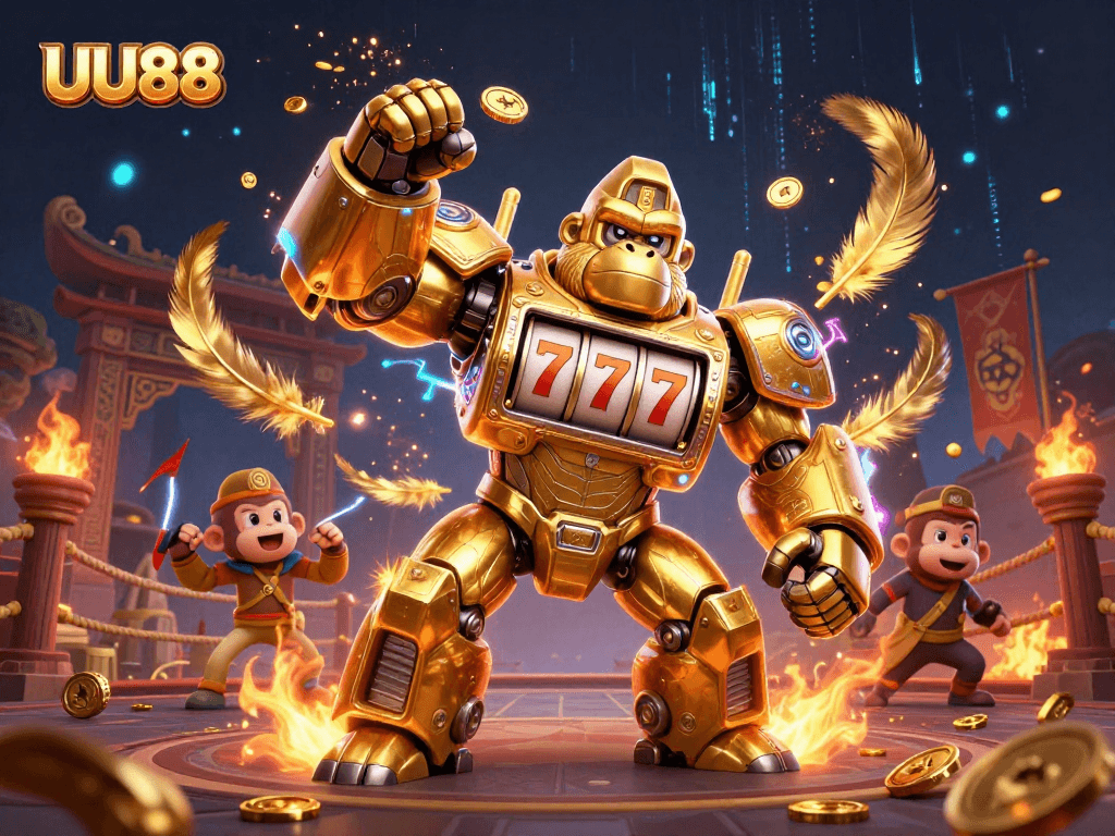 UU88 features a golden gorilla mech striking a powerful pose amidst a vibrant gaming arena.