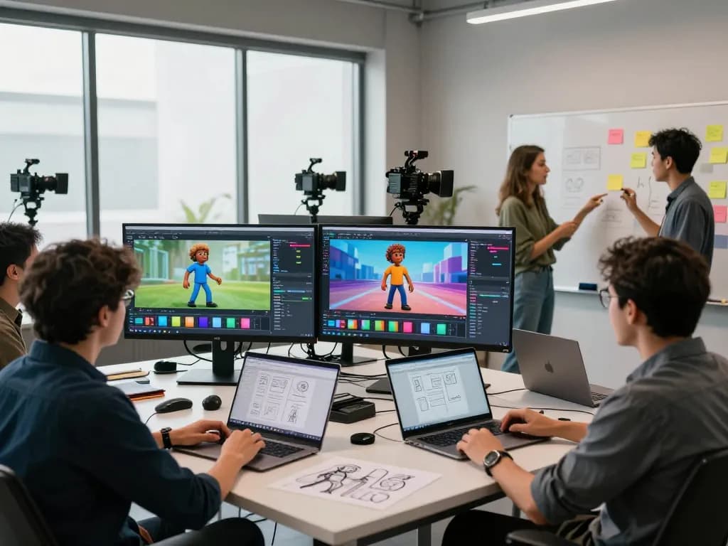 Creative team mastering mind control techniques in a dynamic video production studio