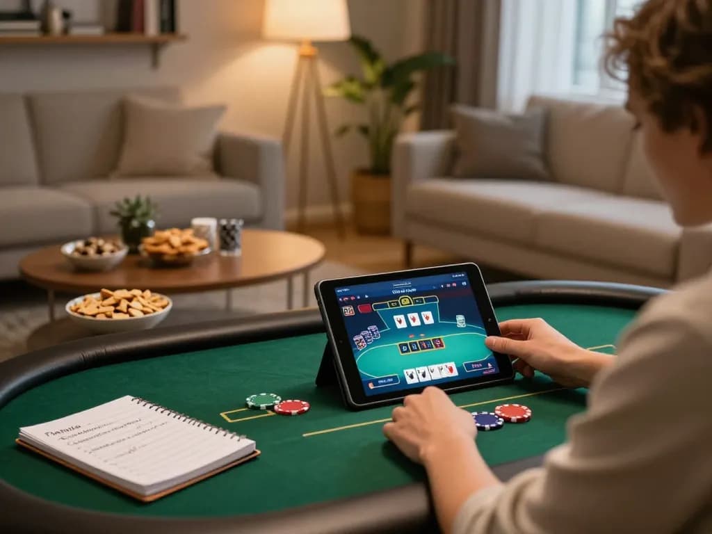 F168 player enjoying an online poker game at home with snacks and betting notes