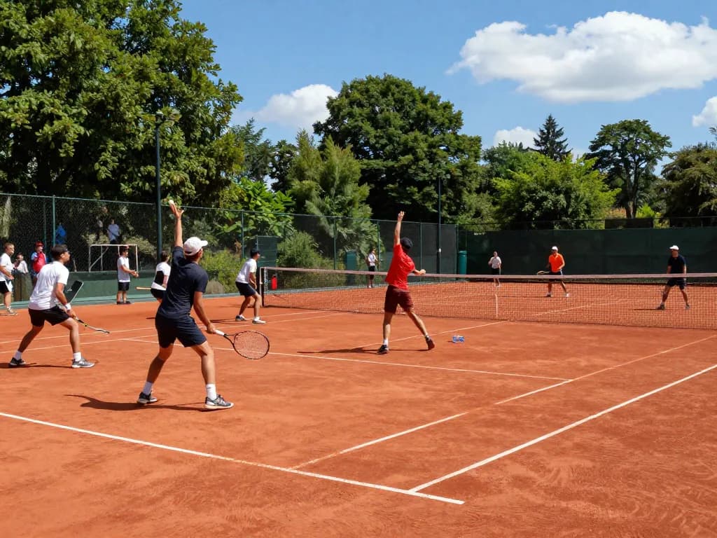 Players enjoying a match on a Hybrid Clay tennis court, showcasing smooth playability and vibrant atmosphere.