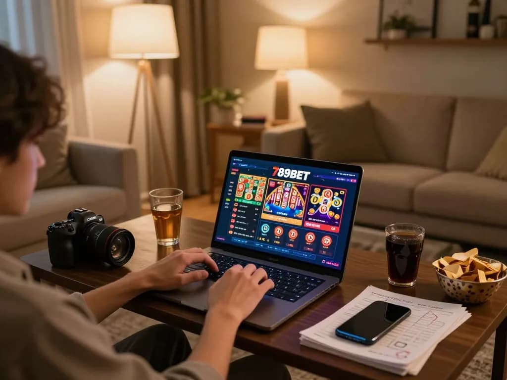 Engaged player exploring 789BET online gaming options on a laptop in a cozy home setting.