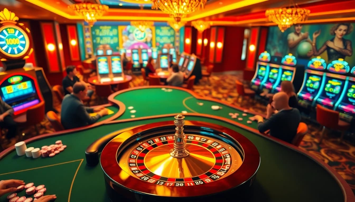 S8 casino players enjoying a thrilling game at poker tables with vibrant slot machines.