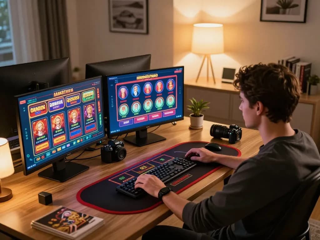 Engaging with Nhà cái SC88 through online gaming setup showcasing multiple screens and responsible gambling elements.