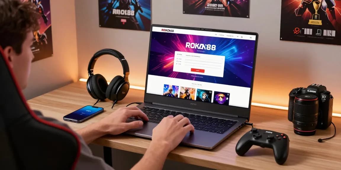 Engaging scene of a user accessing rokok88 on laptop amidst a vibrant gaming setup, illustrating modern digital experience.