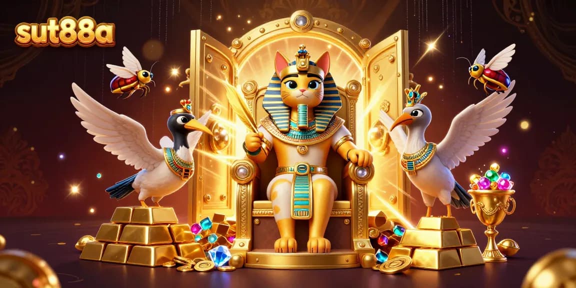 Experience winning at sut88a with an Egyptian pharaoh cat, golden treasures, and vibrant casino elements.