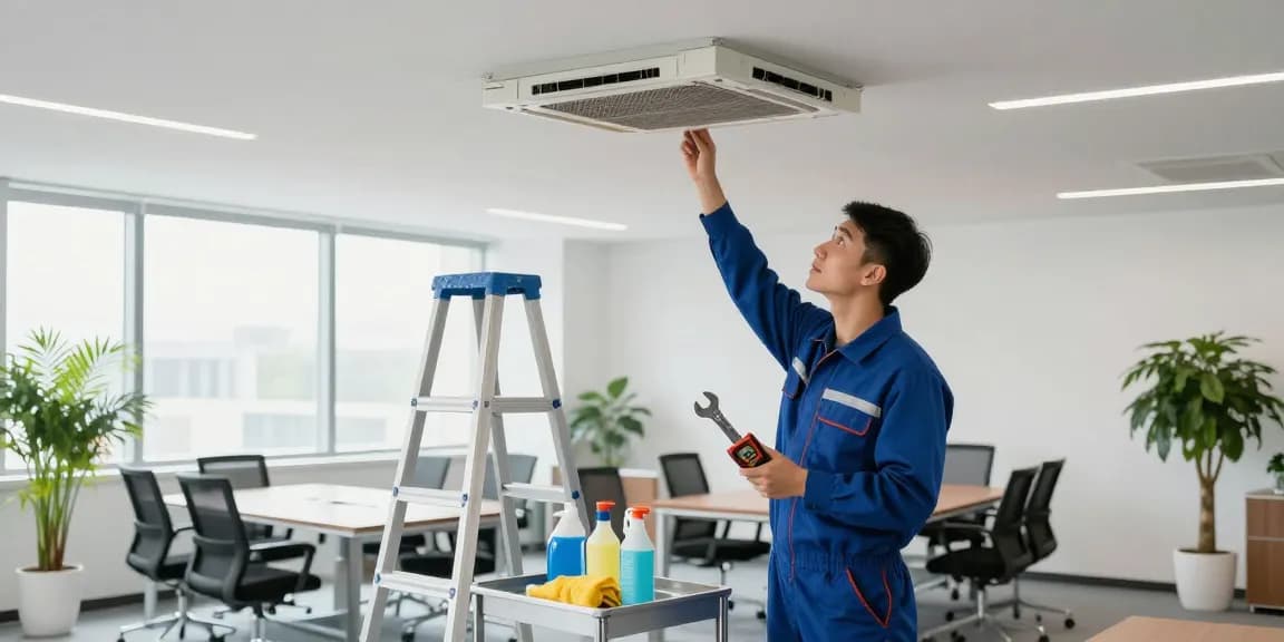 Facilities maintenance technician inspecting HVAC in a corporate office, demonstrating professional upkeep.