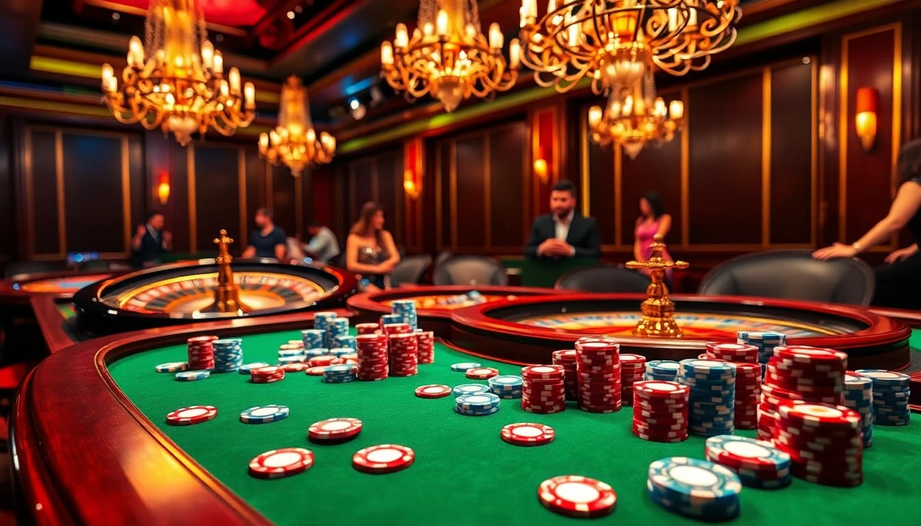 This vibrant casino scene at https://bj881.it.com/ features a lively poker game with colorful chips and cards, enhancing the thrill of gambling.