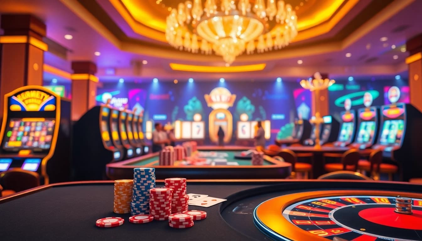 A thrilling gameplay moment on abc88.app showcasing vibrant casino tables and engaging slot machines.