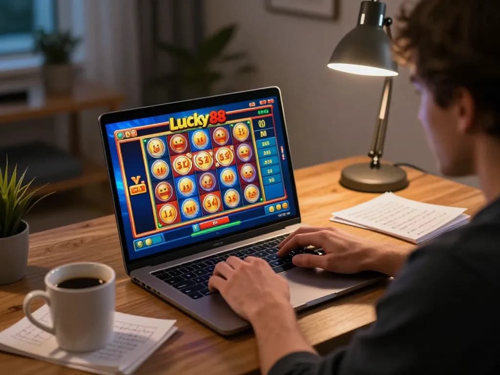 Player enjoying the Lucky88 slot game on a laptop, reflecting a responsible gaming experience at home.