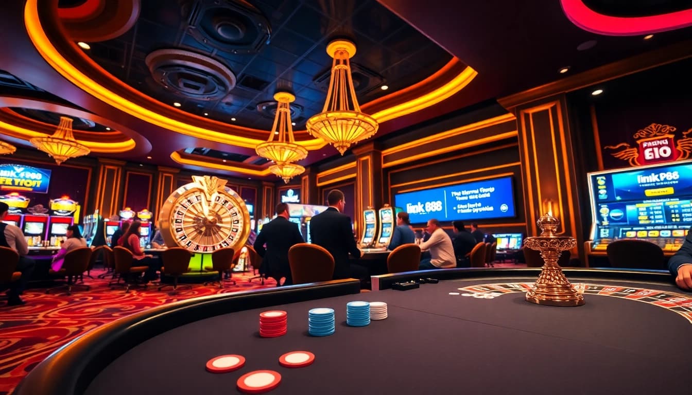Action-packed casino scene featuring 'link kp88' with players at poker tables and roulette wheels.