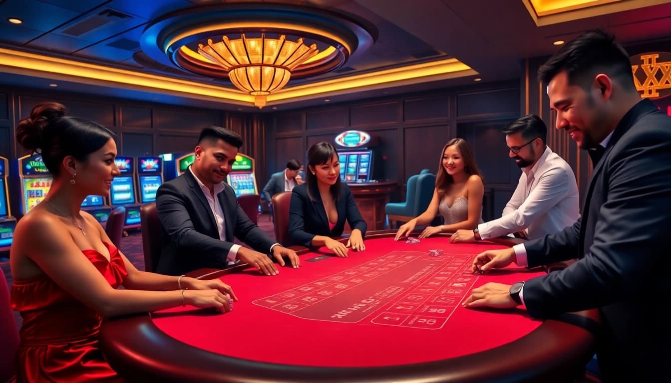 Excited players at a blackjack table in a luxurious casino, showcasing the immersive XX88 COM experience.