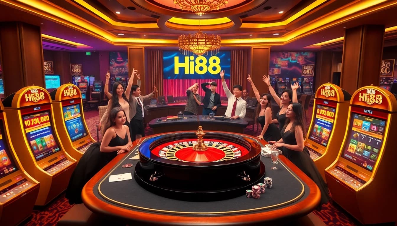 Experience the thrill of gaming at Hi88 with vibrant casino scenes and exciting roulette tables.