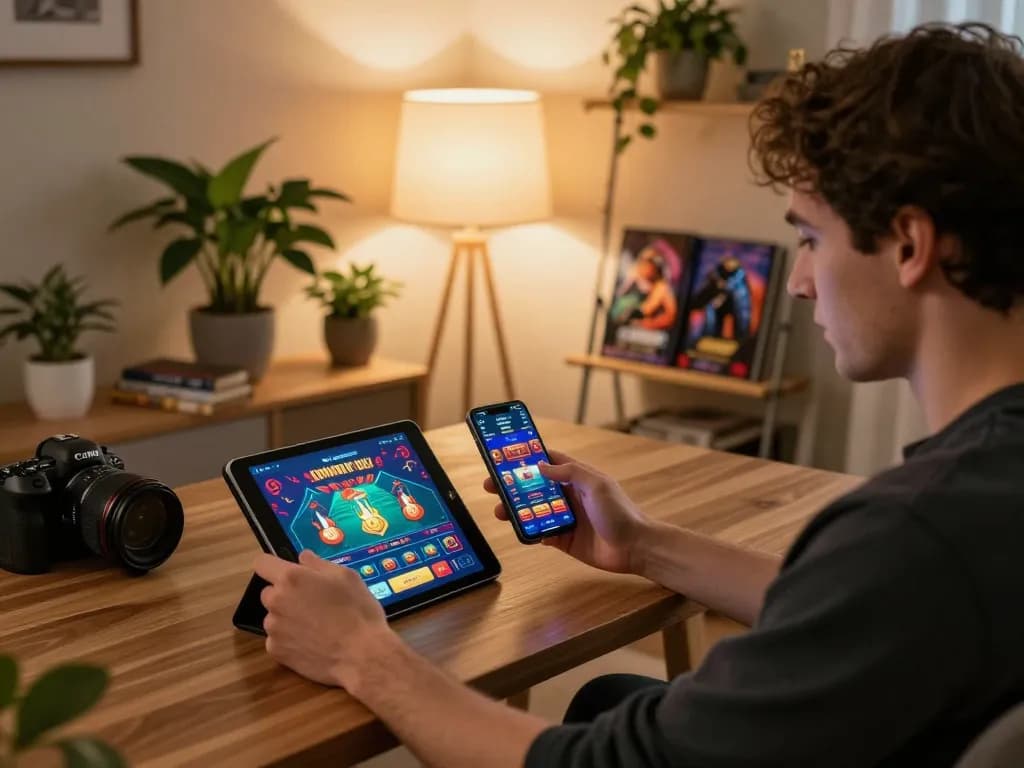 Player engaging with F168 VIP online casino app on tablet, cozy home gaming ambiance