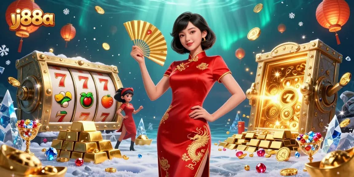 Experience thrilling slots action with vj88a, featuring a captivating Asian woman in a dynamic casino scene filled with treasures.