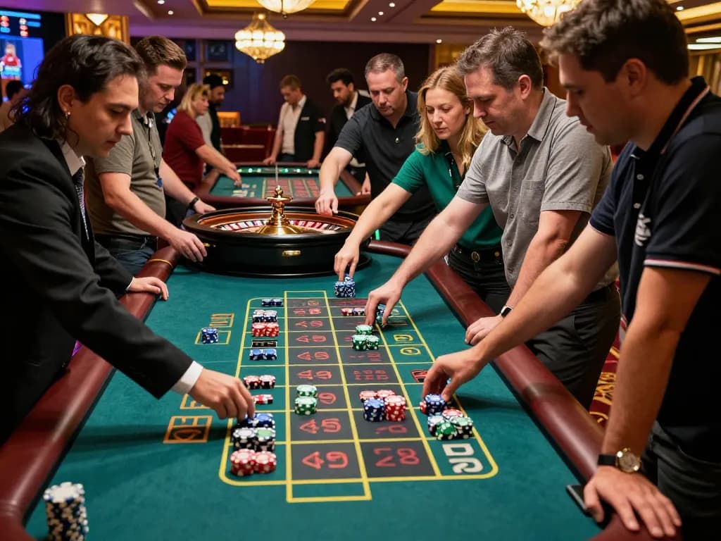 Engaging players placing bets at a roulette table in a bustling casino go8 scene