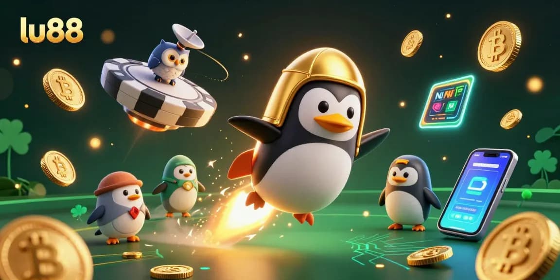 Experience thrilling wins at lu88 with a captivating space-themed casino adventure featuring a golden penguin and crypto coins.