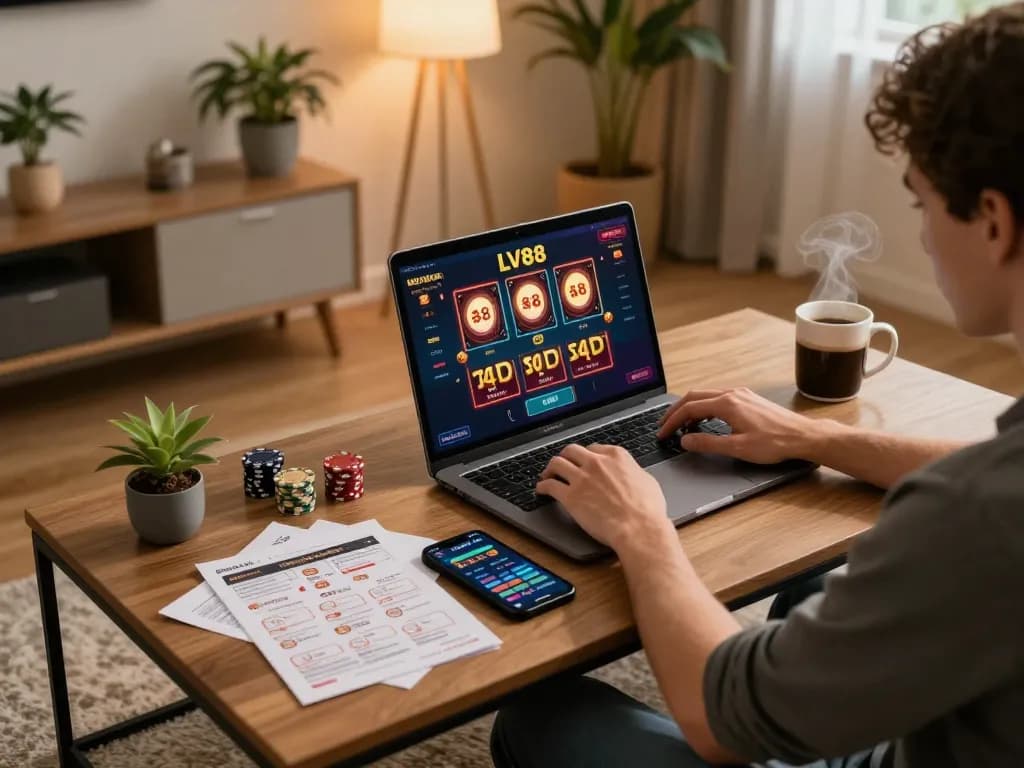 Experience strategic gameplay with LV88 at a modern home gaming setup, featuring an engaging laptop interface.