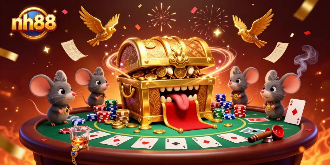 Experience exciting gaming with nh88 at a lively casino scene filled with treasure and poker action.