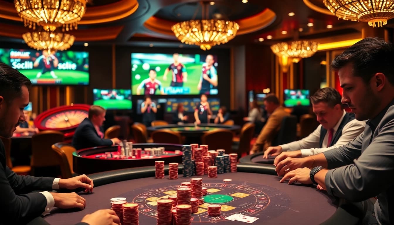 Socolive streaming live football matches while players enjoy poker at a luxurious casino.